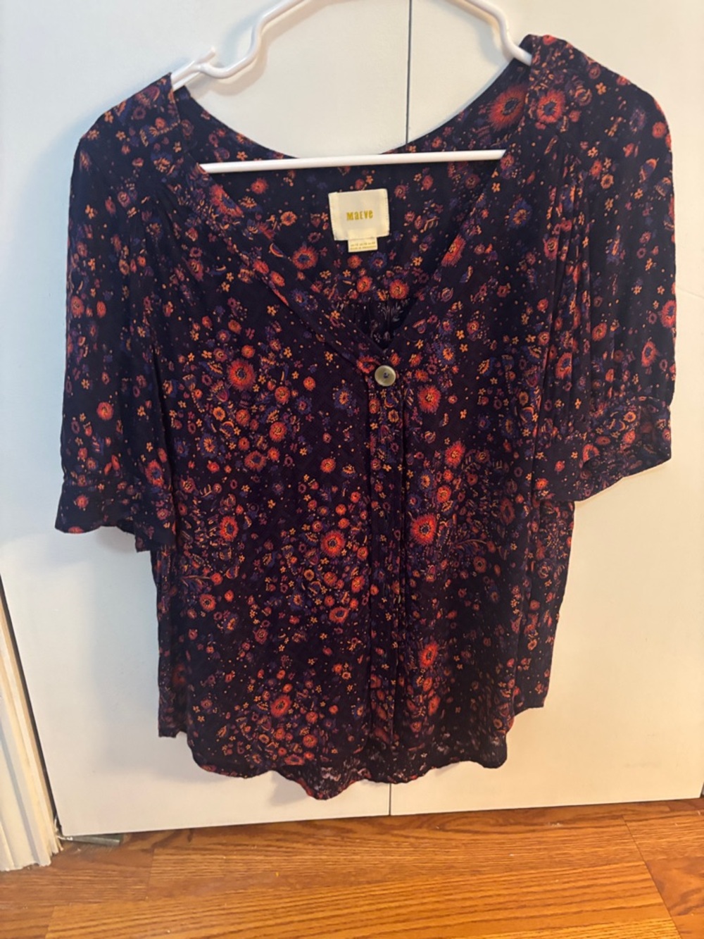 Anthropologie, Maeve Black Floral Short-Sleeve Buttoned Blouse